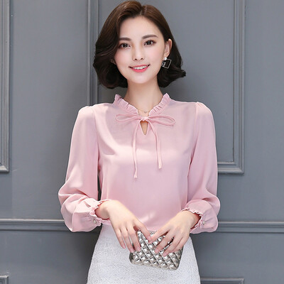 

sustory весной 2017 года женщины дикий твердый натянутый лук воротник рубашки Гофрированные шифон свободный рукав SU018 черный L