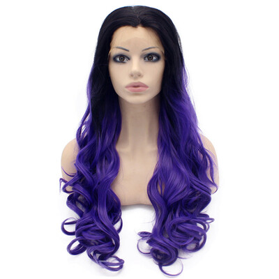 

Iwona Synthetic Hair Lace Front Long Wavy Black Violet Purple Two Tone Ombre Wig