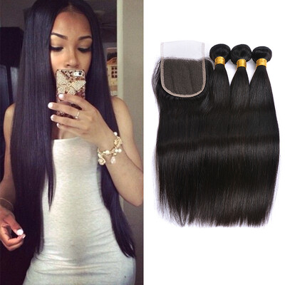 

7A Indian Straight Virgin Hair With Closure Raw Indian Natural Straight Hair With Closure 3 Bundles With Closure Straight Hair