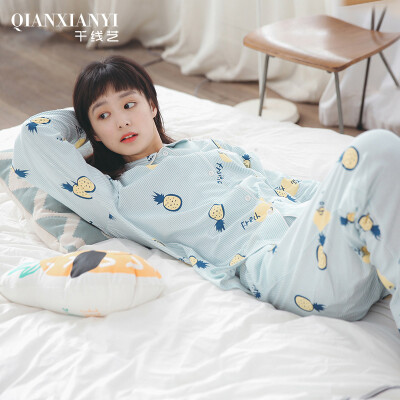 

[Jingdong Supermarket] 1000 Arts 2017 new pajamas women spring and autumn cotton long-sleeved cardigan girls Japanese home service suit Q571014 blue bar XL