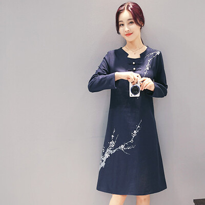 

MAXWAY Women&39s Wear 2017 Spring Brands Wind Art Tattoo Print Long Sleeve Large Dress EVA011 Dark Blue