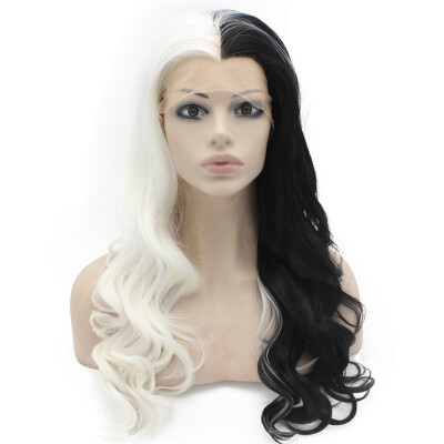 

Long Wavy Half White Black Two Tone Synthetic Lace Front Party Wig