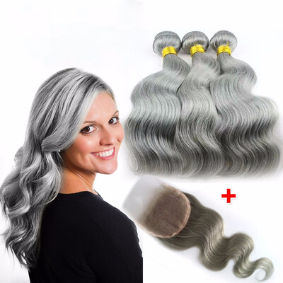

Elegant GrayGrey Body Wave 7A Grade Brazilian Virgin Hair 3pcs Weft With Lace Base Top Closure Weave Bundles Full Head Set