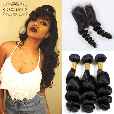 

Ccollege Malaysian Loose Wave Hair With Closure 8A Virgin Unprocessed Human Hair Малайзийские волосы Девы 3 Связки с закрытием