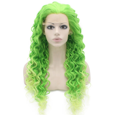 

Long Curly Two Tone Green Synthetic Lace Front Cosplay Party Wig