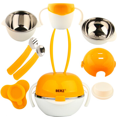 

Bayer (BERZ) Children's Tableware Set Sucker Bowl Stainless Steel Binaural Bowl Baby Fork Child's Milk Cup 6pcs Set Orange