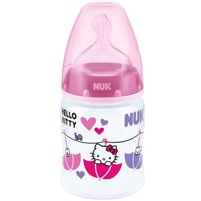 

NUK wide caliber bottle PP plastic baby bottle 150ml with anti-flatulence silicone nipple 0-6 months silicone round hole Hello Kitty pink German import