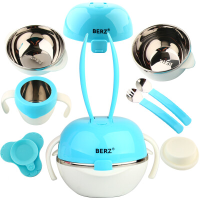 

Bayer (BERZ) children's tableware suit sucker bowl stainless steel binaural bowl baby fork spoon children's milk cup 6 sets of blue