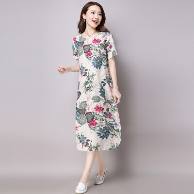 

2 Color -XXL Plus Size Chinese Style Women Dress Fashion Print Autumn dress Short Mid-Calf O-Neck Loose Dresses