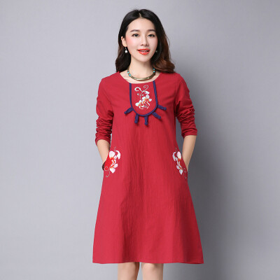 

Famous Brand Women Dress 2016 New Chinese Style Autumn Dress Fashion Print Full Embroidery Loose Dresses