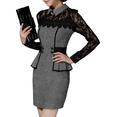 

Fashion Women Woolen&Lace Dress Slim Long Sleeves Wedding Party Dress Evening Dress