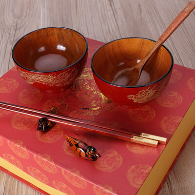 

Bezes Wooden Longfeng Chopsticks Set Wedding Bowl 8pcs Set Couples Cutlery Set