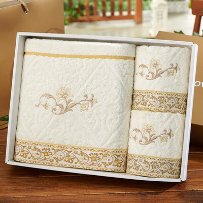 

Covator towel gift box retro embroidery wood fiber towel bath towel suit gift box 1 bath 2 side three sets of gift box