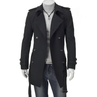 

Fashion Lapel Long-sleeved Shoulder Strap Double-breasted Black Men Long Woolen Windbreaker