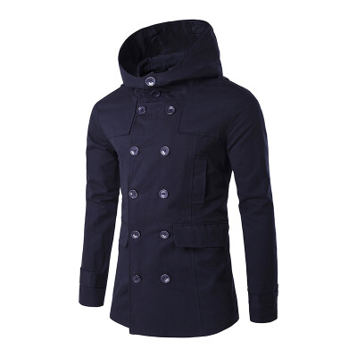 

Winter Men Hoodie Double breasted Coat Woolen Windbreaker