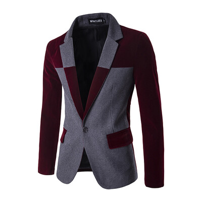 

Korean Men's Blazer Stitching Color Woolen Coat One Button Suit
