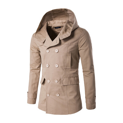 

Winter Men Hoodie Double breasted Coat Woolen Windbreaker