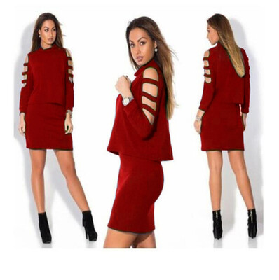 

Women Fashion Dress Pile heap Hollow sleeves Dress Sexy 2pcs Suit Dress