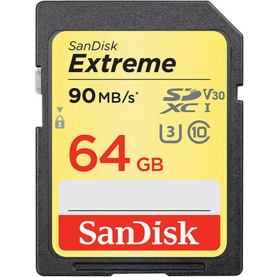 

SanDisk 64 GB Read speed 90 MB s Write speed 40 MB s Extreme speed SDXC Memory card UHS-I V30 U3 Class10 SD card