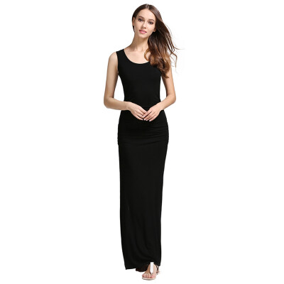 

Buenos Ninos Womens Sleeveless Scroop Neck Shirring Sides Slit Maxi Dress