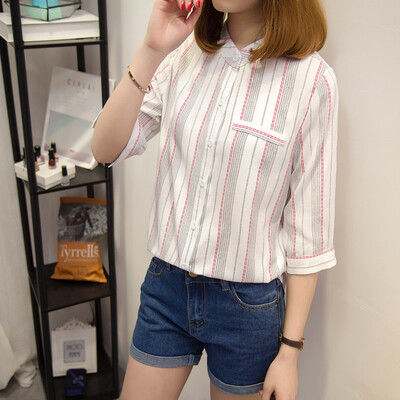 

VIVAHEART Korean casual fashion stripes cotton&linen shirt blouse VWCD174141 black striped