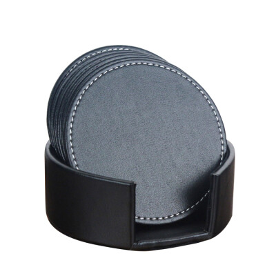 

6pcs Leather Office Desk Round/Square Coasters Set with Holder for Drinks - Black 460182