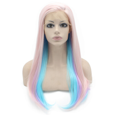 

Long Straight light Pink Purple Blue Mix Lace Front Synthetic Hair Party Wig