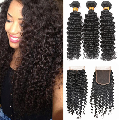 

Bling Hair Brazilian Deep Wave With Closure 3Bundles Human Hair Weave Brazilian Virgin Hair With Closure Natural Black Colour