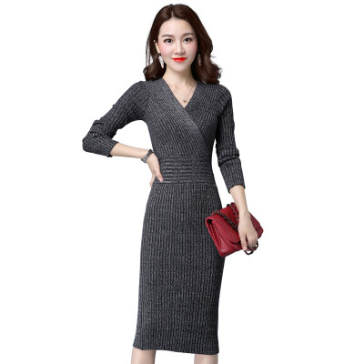 

A pond morning 2017 fashion V collar Slim big yards underwear shirt high collar sweater women's hats in the long section of knitted sexy long-sleeved dress spring S63U9993 wine red