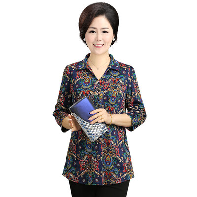 

Fama Ma 2017 autumn ladies T-shirt middle-aged woman seven-point sleeve T-shirt mother loaded fashion printing T710T10038 blue