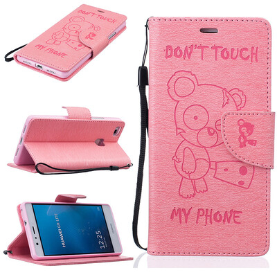

Pink Bear Style Embossing Classic Flip Cover with Stand Function and Credit Card Slot for HUAWEI P9 Lite