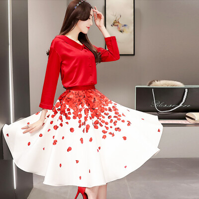 

Milano (MILANYIN) Women's 2017 spring fashion suit Peng Peng dress long long-sleeved Korean printing two-piece ML036 red M