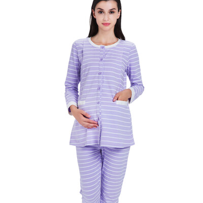 

Aibo month suit suit set maternity maternity clothes home service pajamas feeding pants stripes side open breast feeding M304 pink
