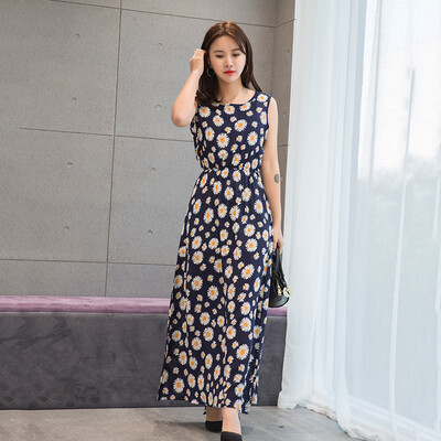 

KuoyiHouse KuoyiHouse 7323 17 years new Korean version of the long section of the round neck sleeveless suit dress female tight waist cotton long skirt cents on the 7th Tibetan small green daisy S