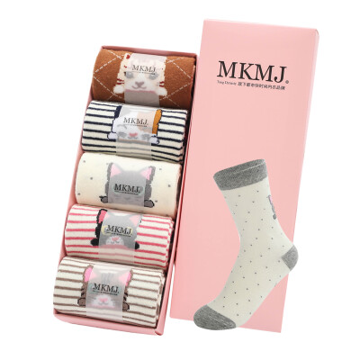 

[Jingdong supermarket] MKMJ women's cotton socks fashion cute cat casual cotton socks mixed color 5 pairs of equipment