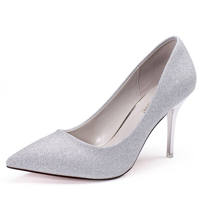 

Ruhe RUXI side empty single shoes female pointed fine high heels sequins Geliite diamond Korean women's shoes silver 39