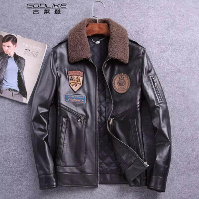 

Mens leather jacket long sleeve autumn witer clothing genuine sheepskin motocycle coat with badge padding real leather the newest