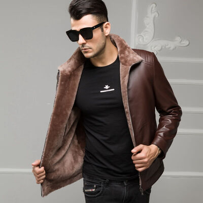 

Mens leather jacket long sleeve autumn witer genuine sheepskin coat real leather the newest loose style with stand collar&woo