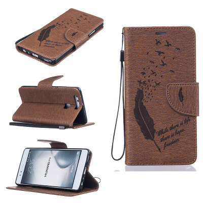 

coffee Feathers and birds Style Embossing Classic Flip Cover with Stand Function and Credit Card Slot for HUAWEI P9