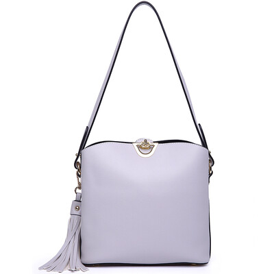 

Crocodile (CROCODILE) simple fashion solid color tassel pendant Messenger bag handbag PU button shoulder bag 12624101-02 gray