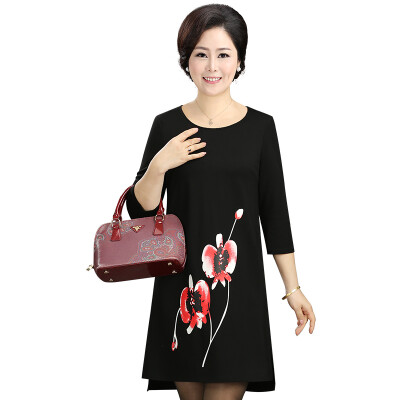 

Fama Ma 2017 autumn dress in the old women&39s clothing embroidered round neck large size lady mother dress T7114T0019 black 2XL