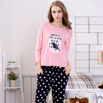 

Red beans home Hodohome pajamas women spring&autumn cotton fresh printing long-sleeved bat sleeves home service suit pink 170 92A