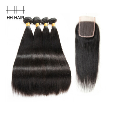 

HHHair Brazilian Straight Hair 4 Bundles With Closure Brazilian Virgin Hair With Closure Brazilian Virgin Hair 4 Bundles with 4x4