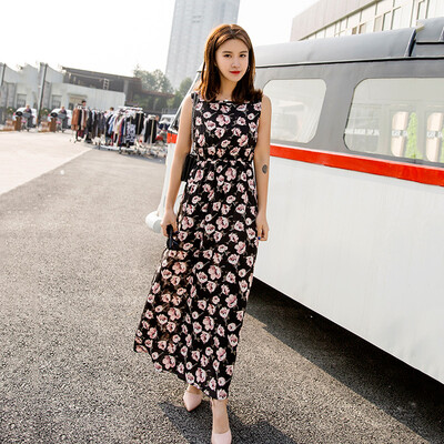 

KuoyiHouse KuoyiHouse 7323 17 years new Korean version of the long section of the round neck sleeveless suit dress female tight waist cotton long skirt cents 9 possession of green hibiscus S