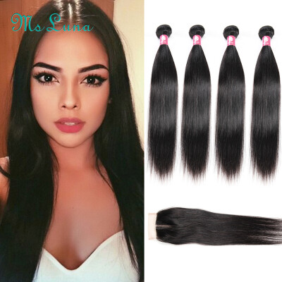 

Brazilian Virgin Hair With Closure 100% Human Hair Weave 4 Bundles With Lace Closure 7A Brazilian Straight Hair With Closure