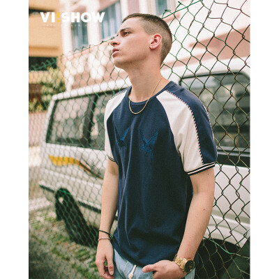 

Wei Xiu viishow short sleeves T-shirt male round neck collar embroidery men short t shirt TD13601721 navy XL