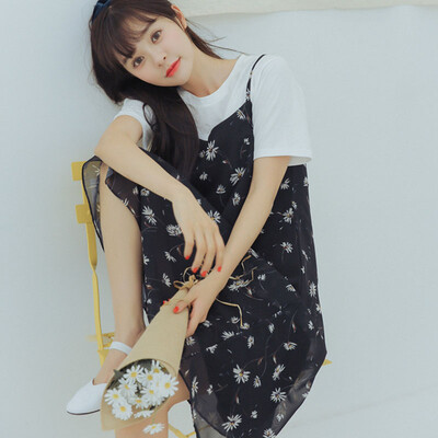 

Long Yue Women Floral Chiffon Long Skirt Dress Dress White Cotton T-Shirt Short Sleeve Two-piece Set LWQZ173107 Black
