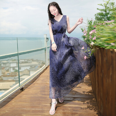 

Milano MILANYIN Women&39s 2017 Summer V-Neck Sleeve Rendezvous Chiffon One-piece Dress Bohemian Dress Pose Beach Beach Skirt ML019 Star Blue M
