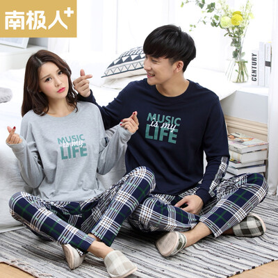 

【Jingdong Supermarket】 Antarctica + Couple Pajamas Spring and Autumn Leisure Letters Grid Long Sleeve Cotton Home Service T-QL3004 Female Gray L