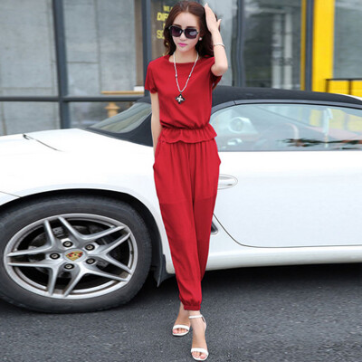 

Siba homes 2017 summer Korean short-sleeved loose jacket pants professional suit fashion casual pants wild nine pants female S62A0083A30XL red